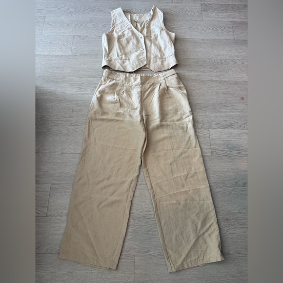 Joie Linen Blend 2 Piece Set Vest And Wide Leg Pants Sand Beige Coastal Size M - Picture 2 of 6